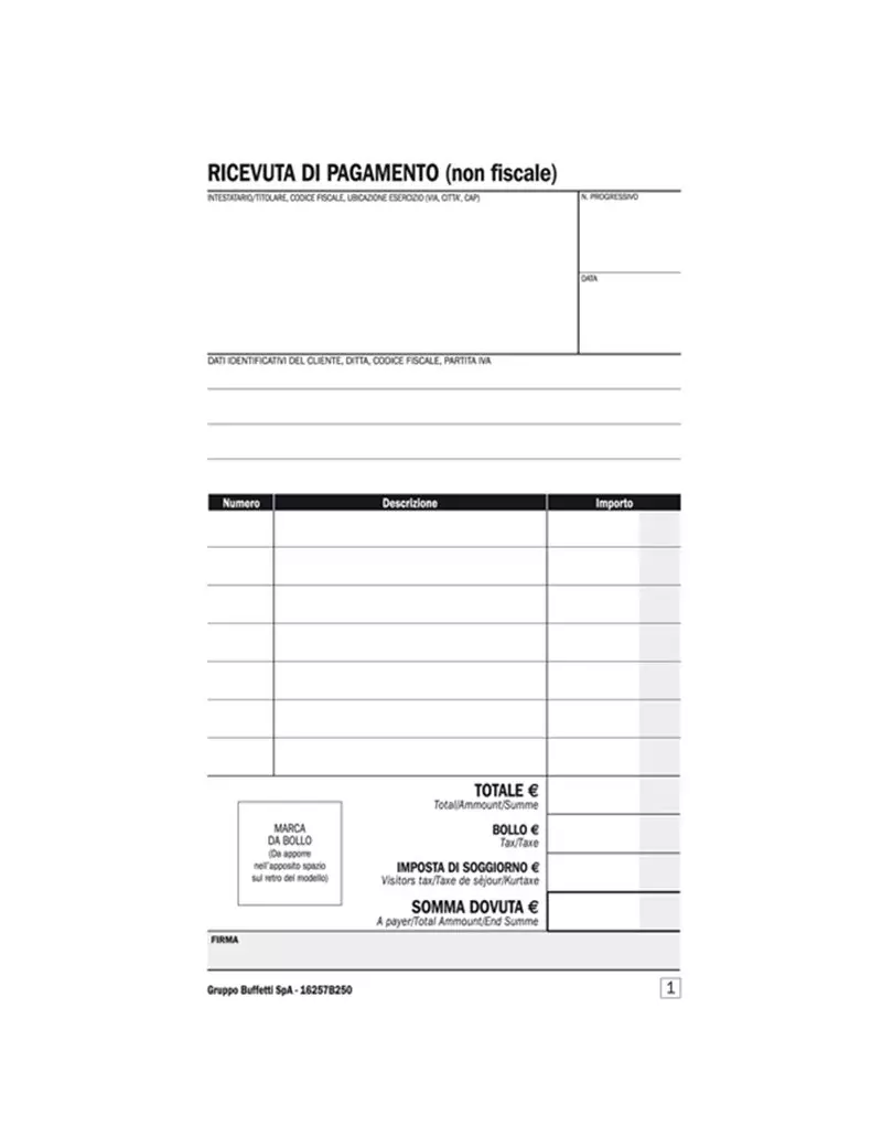 Blocco Ricevute B&B Affittacamere Data Ufficio - 25/25 Copie Autoricalcanti - 16,8x10 cm - DU16257B250