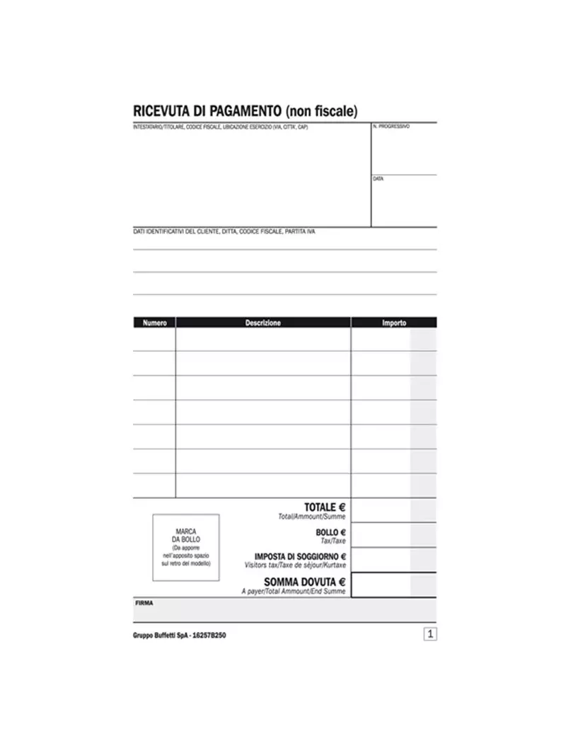 Blocco Ricevute B&B Affittacamere Data Ufficio - 25/25 Copie Autoricalcanti - 16,8x10 cm - DU16257B250 Blocco Ricevute B&B Affittacamere Data Ufficio - 25/25 Copie Autoricalcanti - 16,8x10 cm - DU16257B250