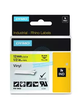 Nastro Originale Dymo 18432 - 12 mm x 5,5 m - Vinile (Nero su Giallo)