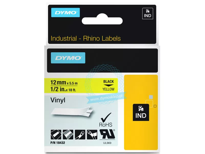 Nastro Originale Dymo 18432 - 12 mm x 5,5 m - Vinile (Nero su Giallo)