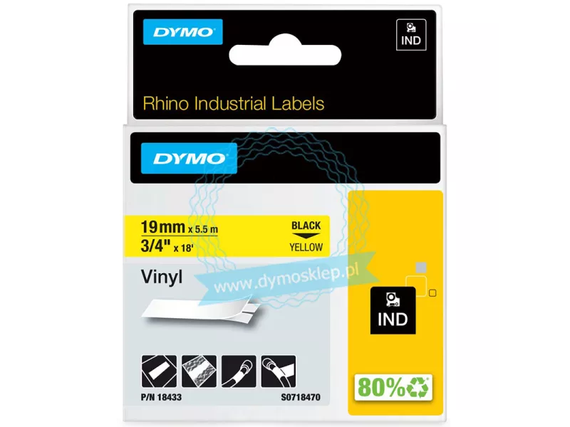 Nastro Originale Dymo S0718470 - 18433 - 19 mm x 5,5 m - Vinile (Nero su Giallo)