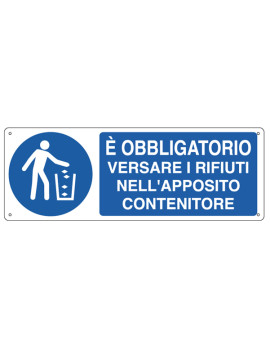 Cartello di Segnalazione - E' Obbligatorio Versare i Rifiuti nell'Apposito Contenitore - 35x12,5 cm - E1946K (Bianco e Blu)