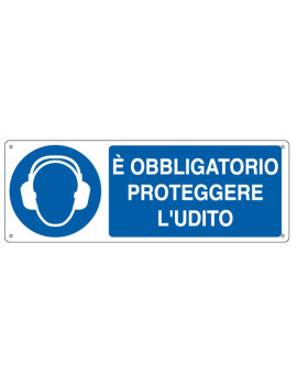 Cartello di Segnalazione - E' Obbligatorio Proteggere l'Udito - 35x12,5 cm - E1906K (Bianco e Blu)