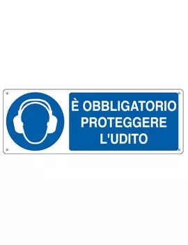 Cartello di Segnalazione - E' Obbligatorio Proteggere l'Udito - 35x12,5 cm - E1906K (Bianco e Blu)