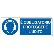 Cartello di Segnalazione - E' Obbligatorio Proteggere l'Udito - 35x12,5 cm - E1906K (Bianco e Blu)