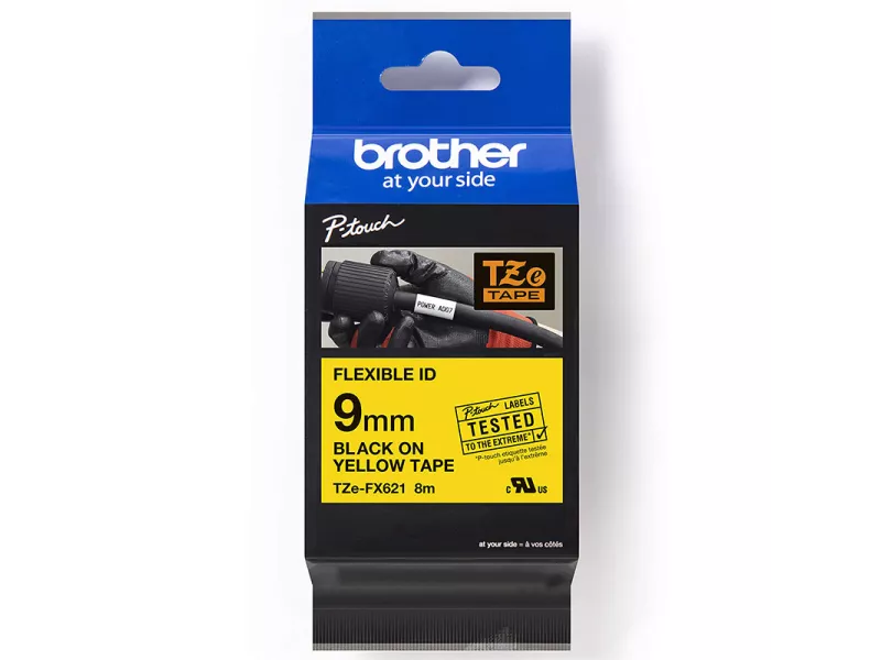 Nastro Originale Brother TZe-FX621 - 9 mm x 8 m - Laminato Flessibile (Nero su Giallo)