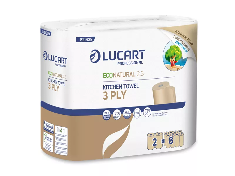 Bobina Asciugatutto EcoNatural 2.3 Plastic Free Lucart - 3 Veli - 200 Strappi - 821639J (Conf. 2)