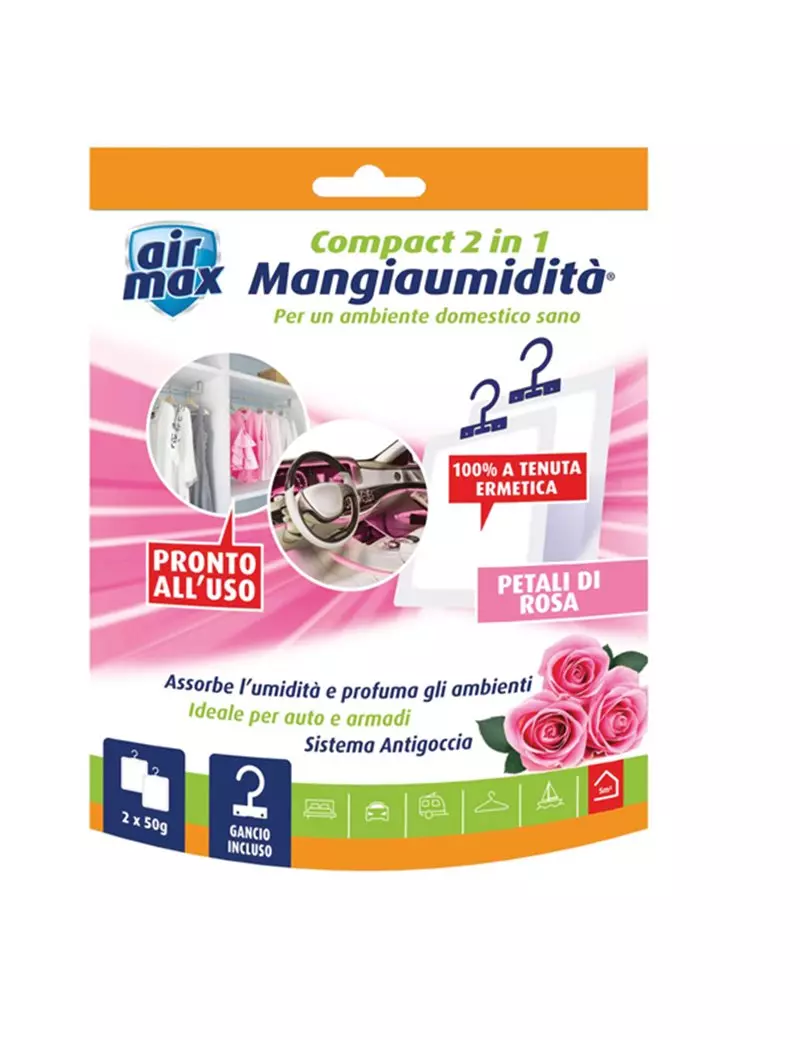 Mangiaumidità Appendibile Compact 2 in 1 Airmax - 6311589 - 50 g (Petali di Rosa) Mangiaumidità Appendibile Compact 2 in 1 Airmax - 6311589 - 50 g (Petali di Rosa)