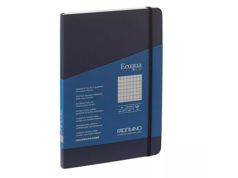 Taccuino con Elastico e Rilegatura Cucita EcoQua Plus Fabriano - A5 - 5 mm - 80 Fogli - 19621104 (Blu Scuro)