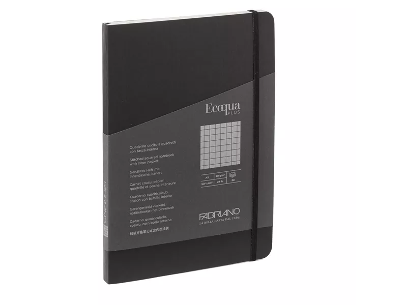 Taccuino con Elastico e Rilegatura Cucita EcoQua Plus Fabriano - A5 - 5 mm - 80 Fogli - 19621108 (Nero)