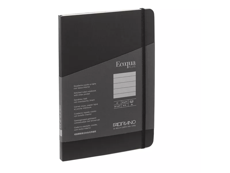 Taccuino con Elastico e Rilegatura Cucita EcoQua Plus Fabriano - A5 - 1 Rigo - 80 Fogli - 19621008 (Nero)