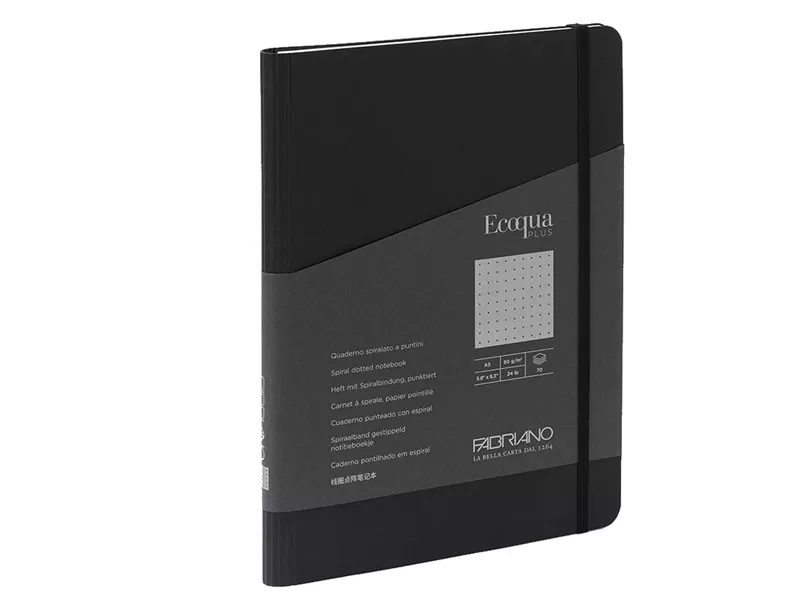 Taccuino con Elastico e Rilegatura Spiralata EcoQua Plus Fabriano - A5 - Puntinato - 70 Fogli - 19032108 (Nero)