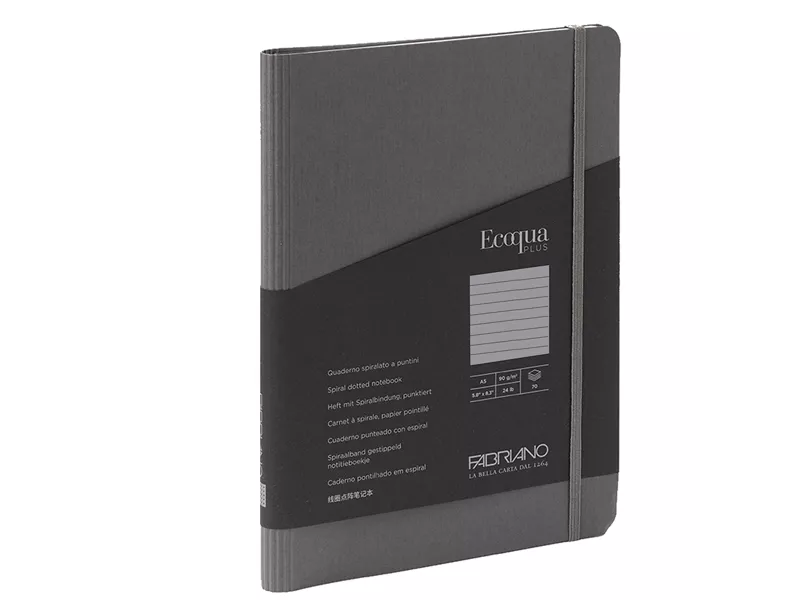 Taccuino con Elastico e Rilegatura Spiralata EcoQua Plus Fabriano - A5 - 1 Rigo - 70 Fogli - 19042101 (Antracite)