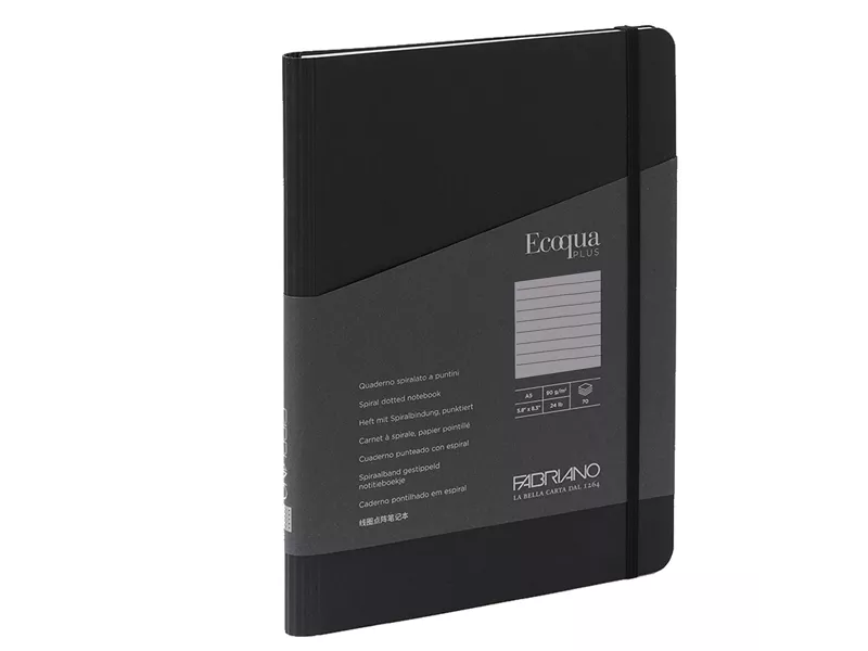 Taccuino con Elastico e Rilegatura Spiralata EcoQua Plus Fabriano - A5 - 1 Rigo - 70 Fogli - 19042108 (Nero)