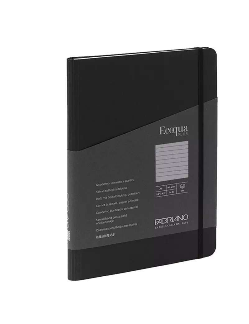 Taccuino con Elastico e Rilegatura Spiralata EcoQua Plus Fabriano - A5 - 1 Rigo - 70 Fogli - 19042108 (Nero) Taccuino con Elastico e Rilegatura Spiralata EcoQua Plus Fabriano - A5 - 1 Rigo - 70 Fogli - 19042108 (Nero)