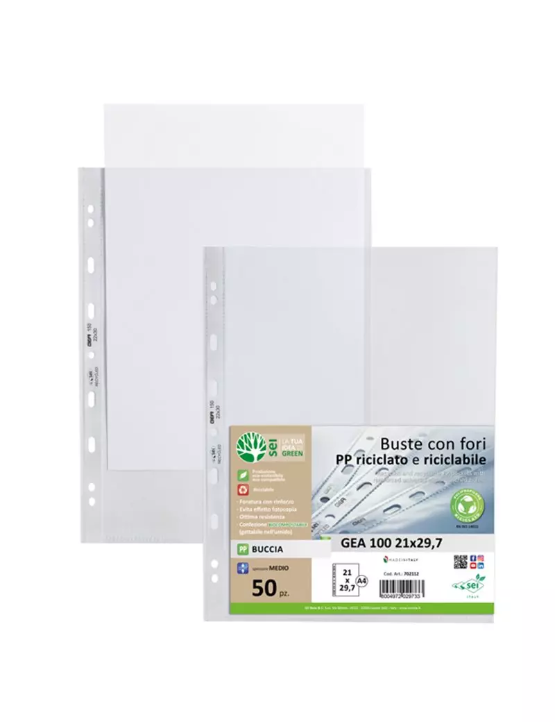Busta a Perforazione Universale Gea 100 Sei Rota - 22x30 cm - Goffrata Medio Spessore - 702112 (Trasparente Conf. 50) Busta a Perforazione Universale Gea 100 Sei Rota - 22x30 cm - Goffrata Medio Spessore - 702112 (Trasparente Conf. 50)