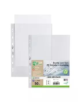 Busta a Perforazione Universale Gea 100 Sei Rota - 23x33 cm - Goffrata Medio Spessore - 702312 (Trasparente Conf. 50)