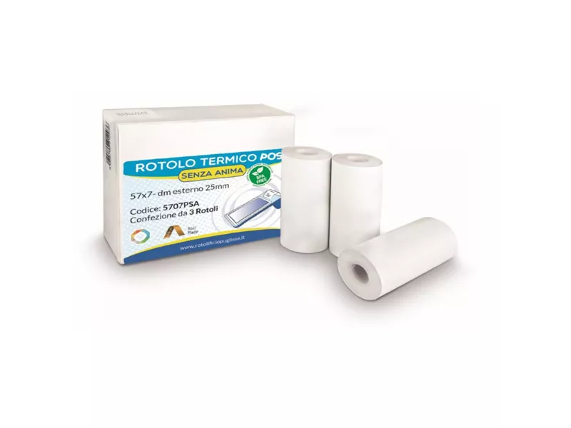 Rotolo Termico per POS Rotolificio Pugliese - 57 mm x 7 m - 5707PSA (Conf. 3) Rotolo Termico per POS Rotolificio Pugliese - 57 mm x 7 m - 5707PSA (Conf. 3)
