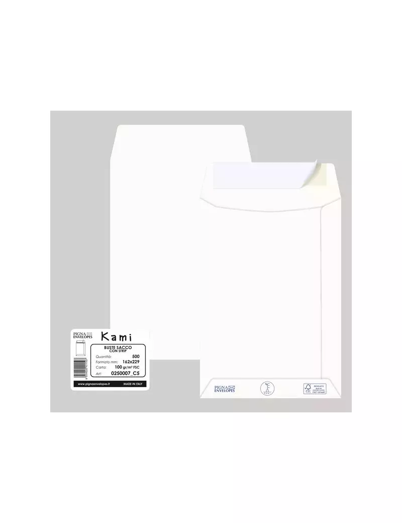 Busta a Sacco Kami Pigna - con Strip - 16x23 cm - 100 g - 0250007C5 (Bianco Conf. 500) Busta a Sacco Kami Pigna - con Strip - 16x23 cm - 100 g - 0250007C5 (Bianco Conf. 500)