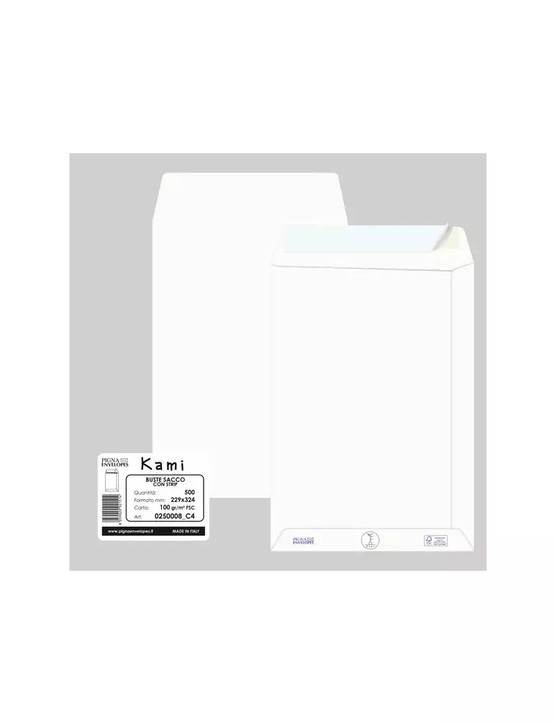 Busta a Sacco Kami Pigna - con Strip - 23x33 cm - 100 g - 0250008C4 (Bianco Conf. 500) Busta a Sacco Kami Pigna - con Strip - 23x33 cm - 100 g - 0250008C4 (Bianco Conf. 500)