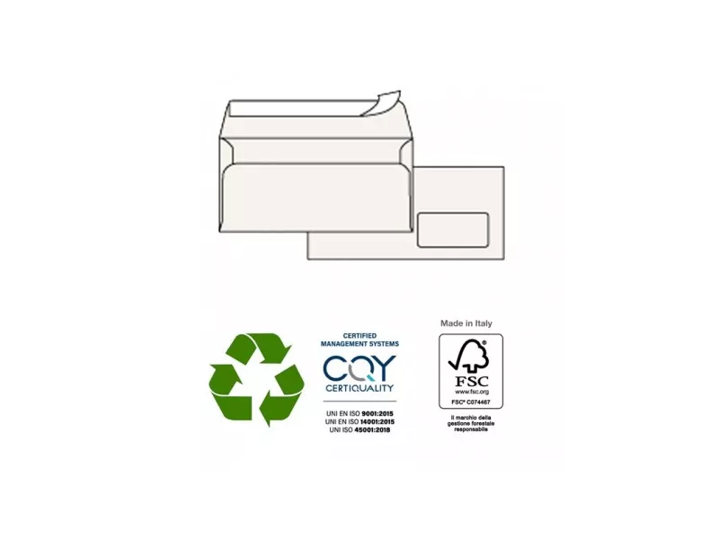 Buste Commerciali Kami Pigna - 11x23 cm - Taglio Dritto con Strip - Con Finestra - 100 g - 0250004AM (Bianco Conf. 500)