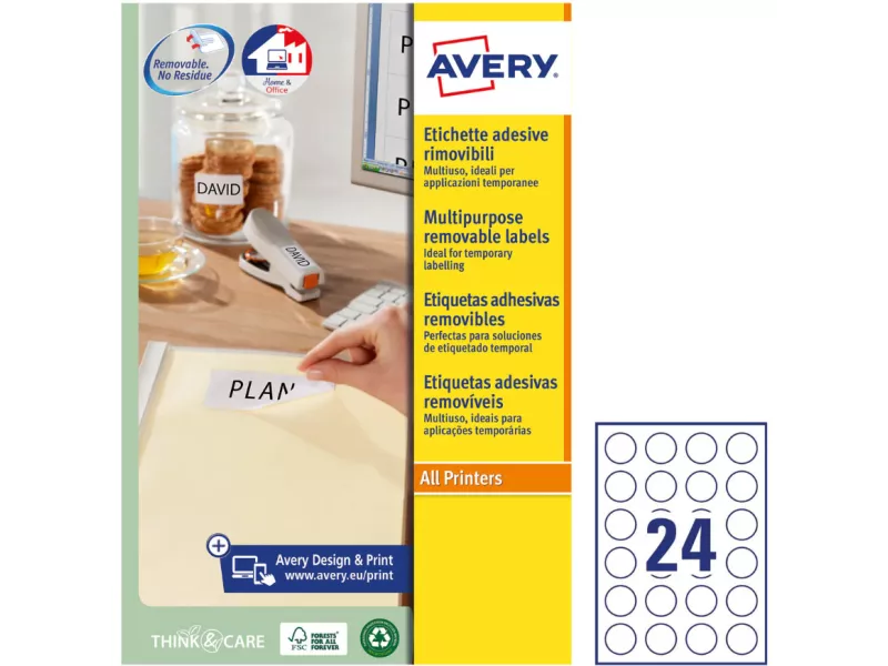Etichette Adesive Rotonde Avery - 37 mm - Rimovibili - L4851REV-25 (Bianco Conf. 25)