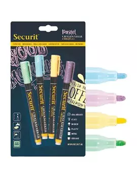 Marcatore a Gesso Liquido Securit - Punta Tonda - 1-2 mm - BL-SMA100-V4-PAS (Azzurro, Lilla, Giallo e Verde Conf. 4)