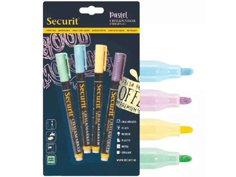 Marcatore a Gesso Liquido Securit - Punta Tonda - 1-2 mm - BL-SMA100-V4-PAS (Azzurro, Lilla, Giallo e Verde Conf. 4)