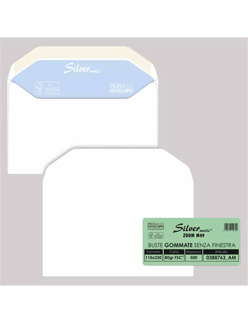 Buste Commerciali Silver Matic FSC Pigna - 11x23 cm - Gommata Senza Finestra - 80 g - 0388763AM (Bianco Conf. 500) Buste Commerciali Silver Matic FSC Pigna - 11x23 cm - Gommata Senza Finestra - 80 g - 0388763AM (Bianco Conf. 500)