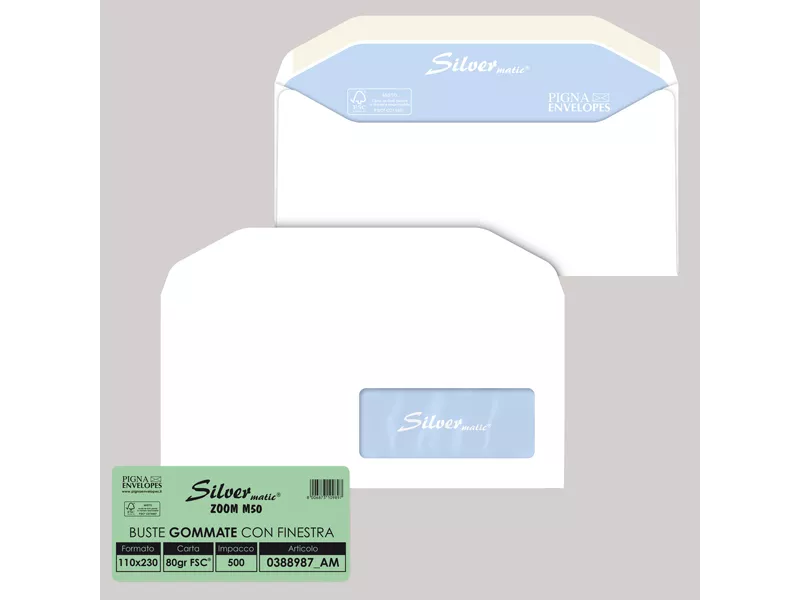 Buste Commerciali Silver Matic FSC Pigna - 11x23 cm - Gommata Con Finestra - 80 g - 0388987AM (Bianco Conf. 500)