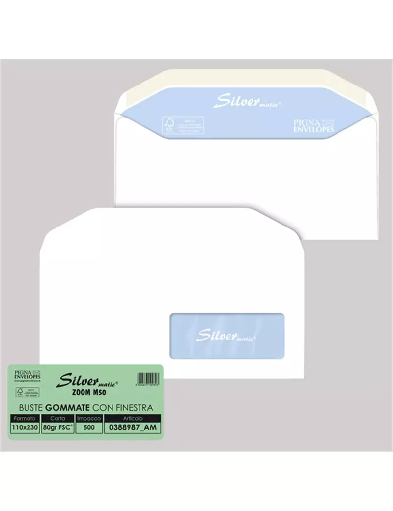 Buste Commerciali Silver Matic FSC Pigna - 11x23 cm - Gommata Con Finestra - 80 g - 0388987AM (Bianco Conf. 500) Buste Commerciali Silver Matic FSC Pigna - 11x23 cm - Gommata Con Finestra - 80 g - 0388987AM (Bianco Conf. 500)