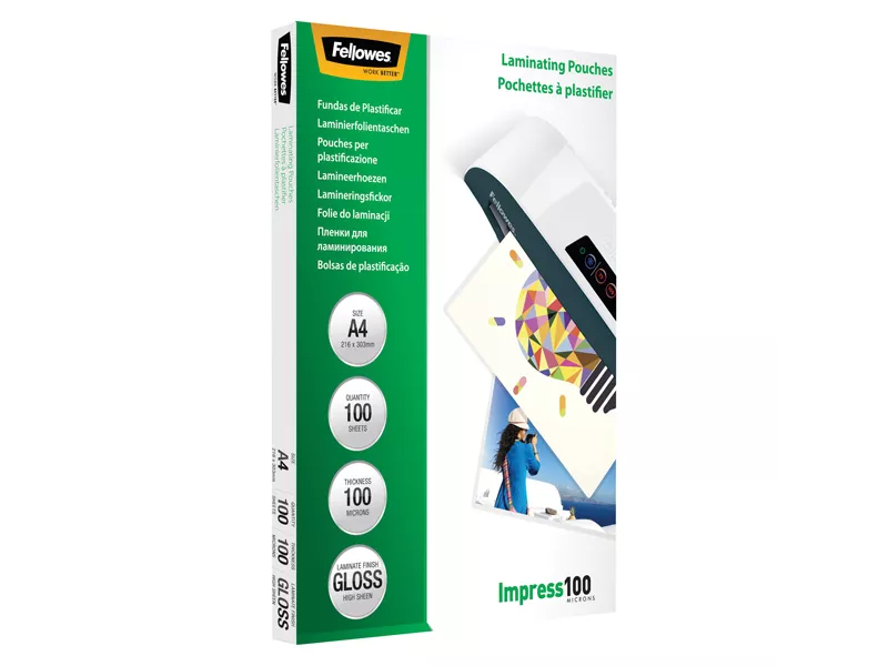 Pouches per Plastificatrici Impress100 Fellowes - 216x303 mm Lucida - 100 Micron - 5351111 (Trasparente Conf. 100)