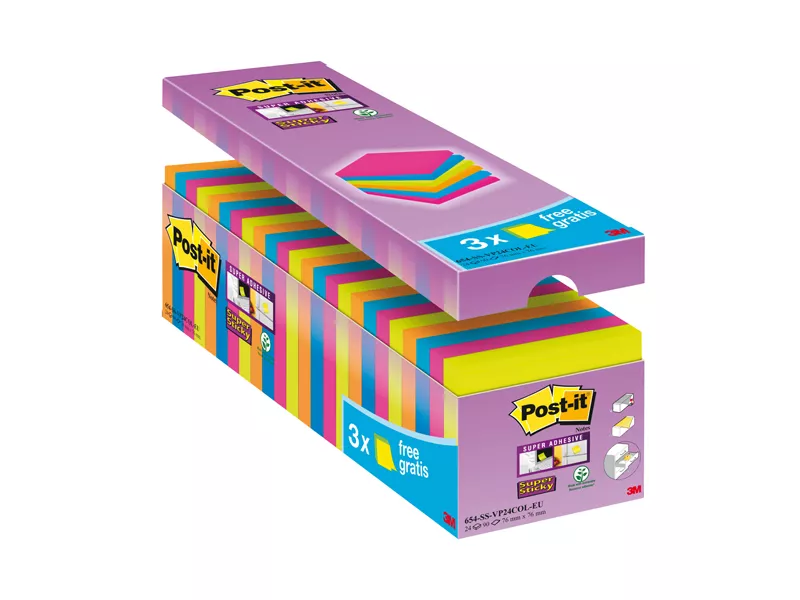 Post-it Notes Super Sticky 654-SS-VP24COL 3M - 76x76 mm - 7100234515 (Assortiti Conf. 24)