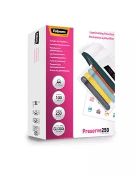 Pouches per Plastificatrici Preserve250 Fellowes - 216x303 mm Lucida - 250 Micron - 5401802 (Trasparente Conf. 100)