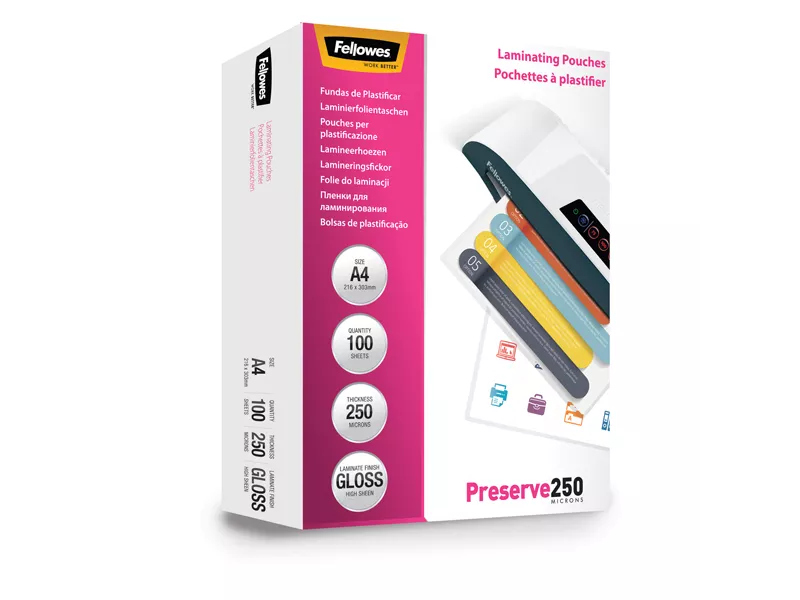 Pouches per Plastificatrici Preserve250 Fellowes - 216x303 mm Lucida - 250 Micron - 5401802 (Trasparente Conf. 100)
