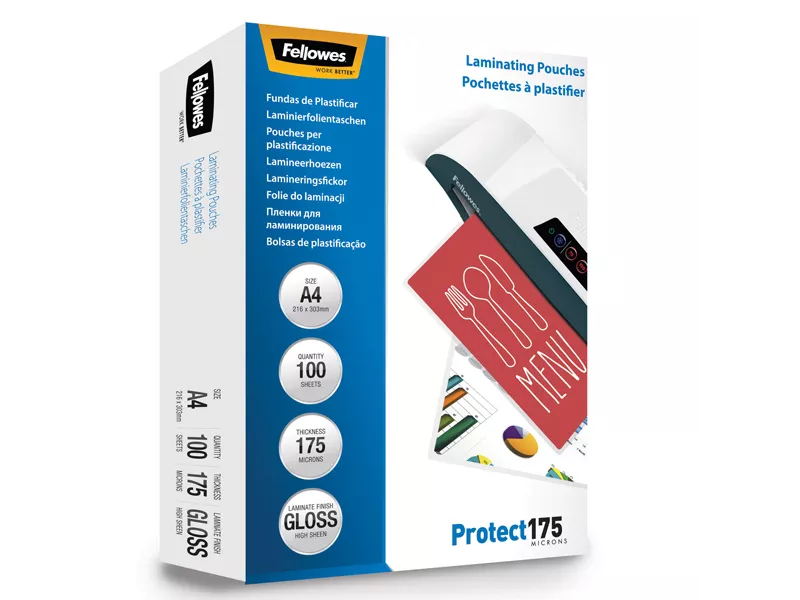 Pouches per Plastificatrici Protect175 Fellowes - 216x303 mm Lucida - 175 Micron - 5308703 (Trasparente Conf. 100)