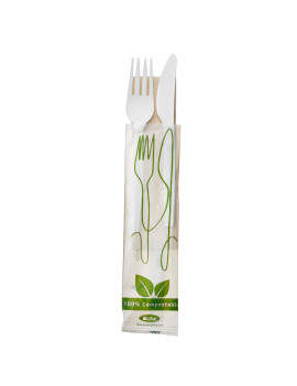 Forchetta e Coltello in CPLA Leone - 16 cm - con Tovagliolo - Q2048.S (Bianco Conf. 250)