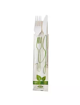 Forchetta e Coltello in CPLA Leone - 16 cm - con Tovagliolo - Q2048.S (Bianco Conf. 250)