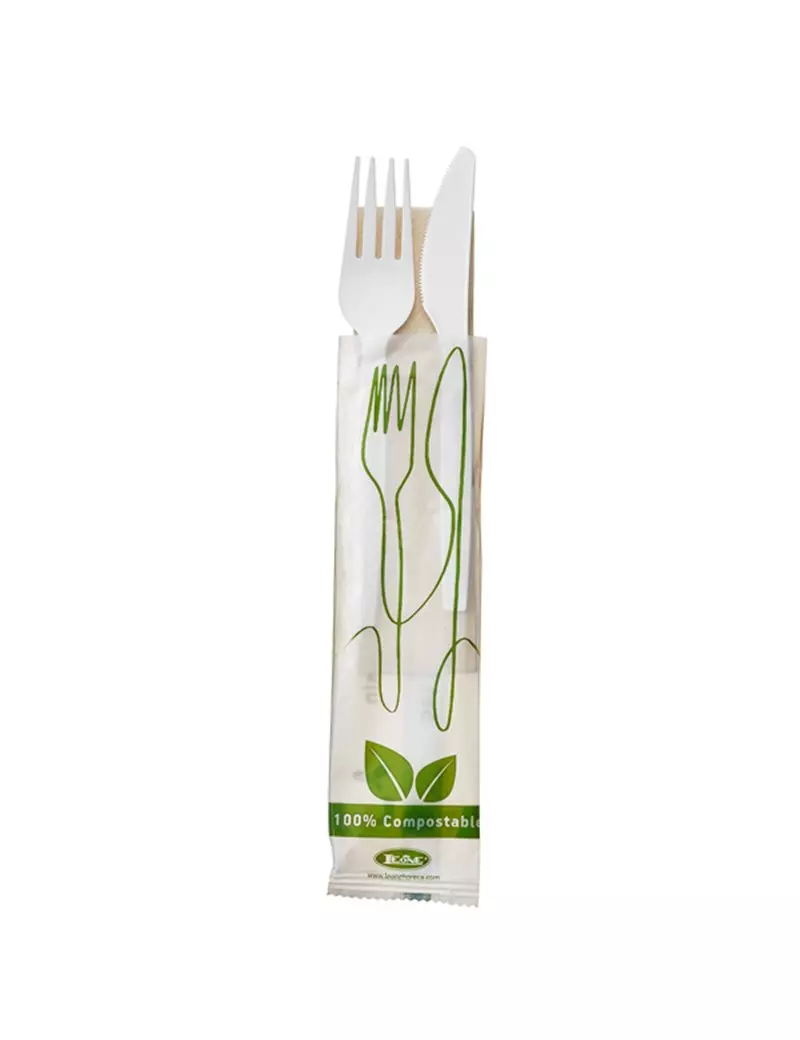 Forchetta e Coltello in CPLA Leone - 16 cm - con Tovagliolo - Q2048.S (Bianco Conf. 250) Forchetta e Coltello in CPLA Leone - 16 cm - con Tovagliolo - Q2048.S (Bianco Conf. 250)