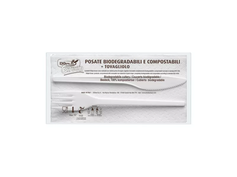 Set Forchetta e Coltello Biodegradabile DOpla - con Tovagliolo - 03907 (Bianco Conf. 100)
