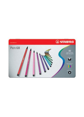 Pennarelli Pen 68 Stabilo - Astuccio di Metallo a 2 Ripiani - 1 mm (Assortiti Conf. 40)