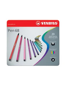 Pennarelli Pen 68 Stabilo - Astuccio di Metallo a 2 Ripiani - 1 mm (Assortiti Conf. 50)