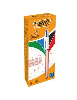 Penna a Sfera a Scatto 4 Colours Rose Gold Bic - 1 mm - 504894 (Nero Blu Rosso e Verde Conf. 12)