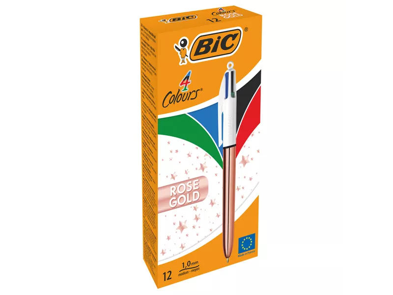 Penna a Sfera a Scatto 4 Colours Rose Gold Bic - 1 mm - 504894 (Nero Blu Rosso e Verde Conf. 12)