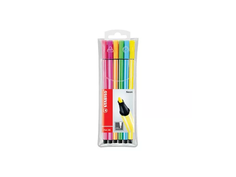 Pennarelli Pen 68 Stabilo - Astuccio di Plastica - 1 mm (Colori Fluo Assortiti Conf. 6)