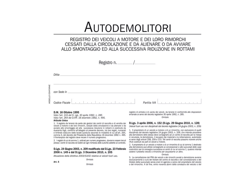 Registro Autodemolitori Data Ufficio - 200 Pagine Numerate - 31x15 cm - DU134020000