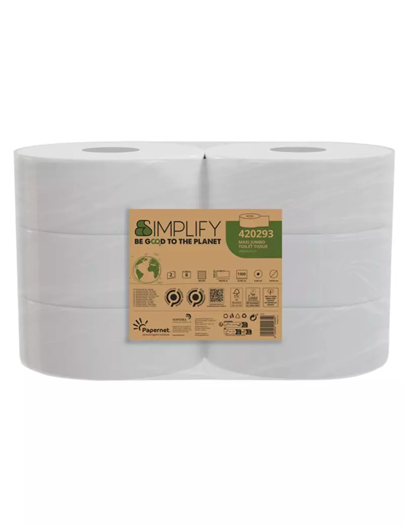 Carta Igienica Simplify Papernet - Maxi Jumbo - 2 Veli - 1305 Strappi - 420293 (Bianco Conf. 6) Carta Igienica Simplify Papernet - Maxi Jumbo - 2 Veli - 1305 Strappi - 420293 (Bianco Conf. 6)