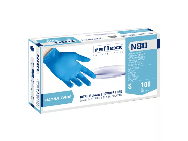 Guanti in Nitrile Ultrasottili non Talcati N80 Reflexx - Taglia M - N80B/M (Azzurro Conf. 100)