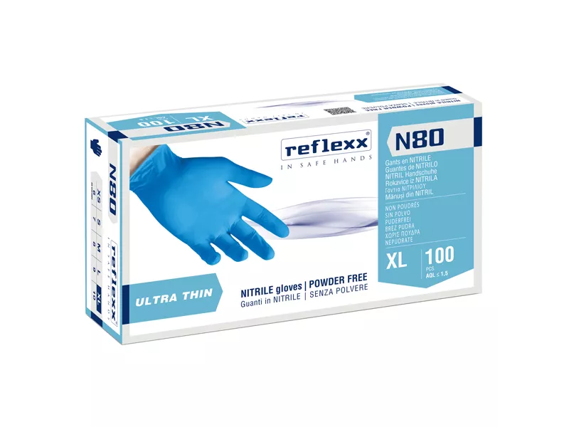 Guanti in Nitrile Ultrasottili non Talcati N80 Reflexx - Taglia XL - N80B/XL (Azzurro Conf. 100)