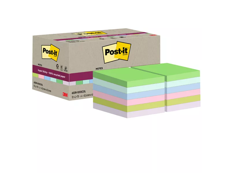 Post-it Notes Super Sticky Green 622R-SS12COL 3M - 47,6x47,6 mm - 7100284780 (Assortiti Pastello Conf. 12)